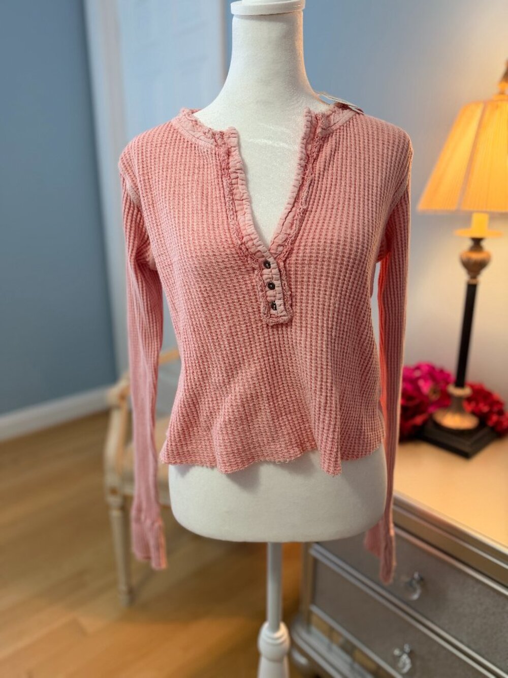NWT Free People FP One Colt Thermal Waffle Henley Top Rose S
